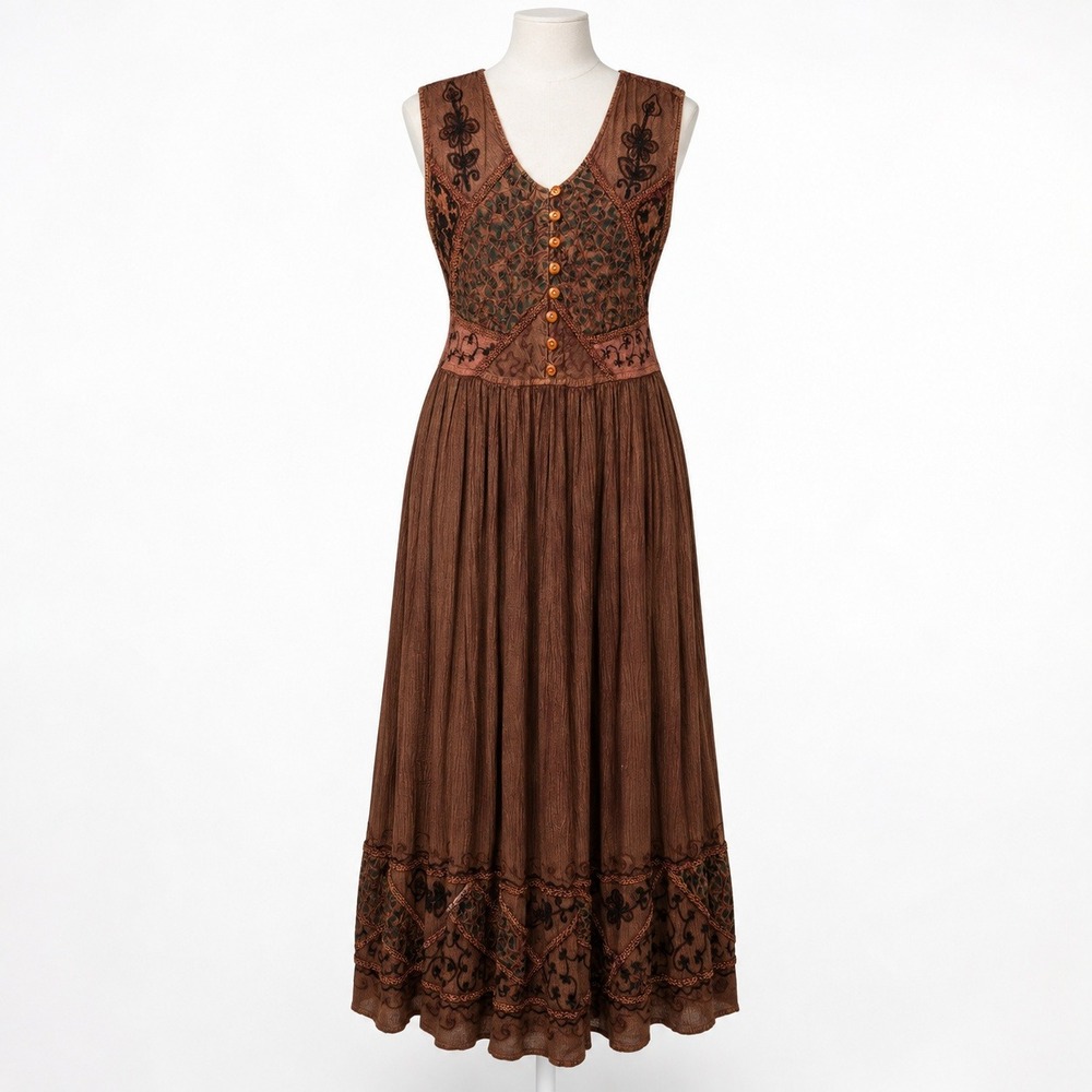 Vintage Y2K Floral Embroidered Peasant Dress Size M Brown Cottagecore Prairie